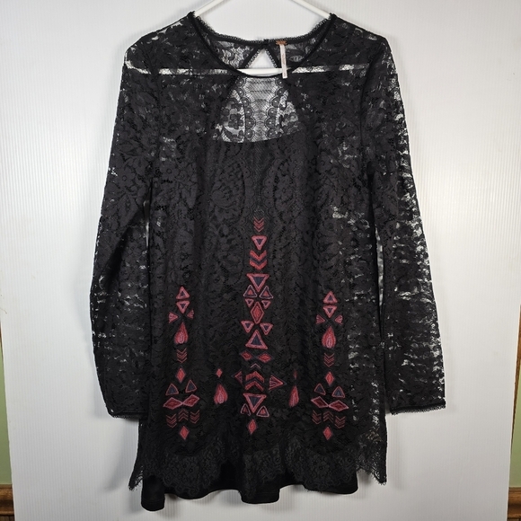 Free People Dresses & Skirts - Free People Black Lace Dress with Pink Geometric Patterns Black Slip Under SizeS